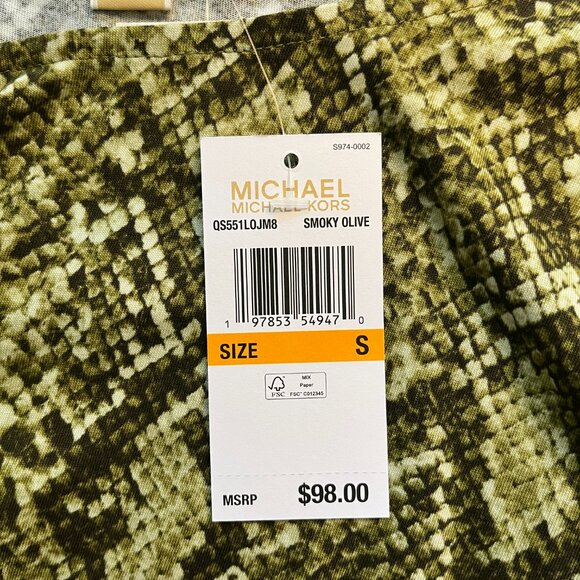 Michael Kors Green Snake Print Waisted Rouche Sleeves NWT $98 - Picture 9 of 9